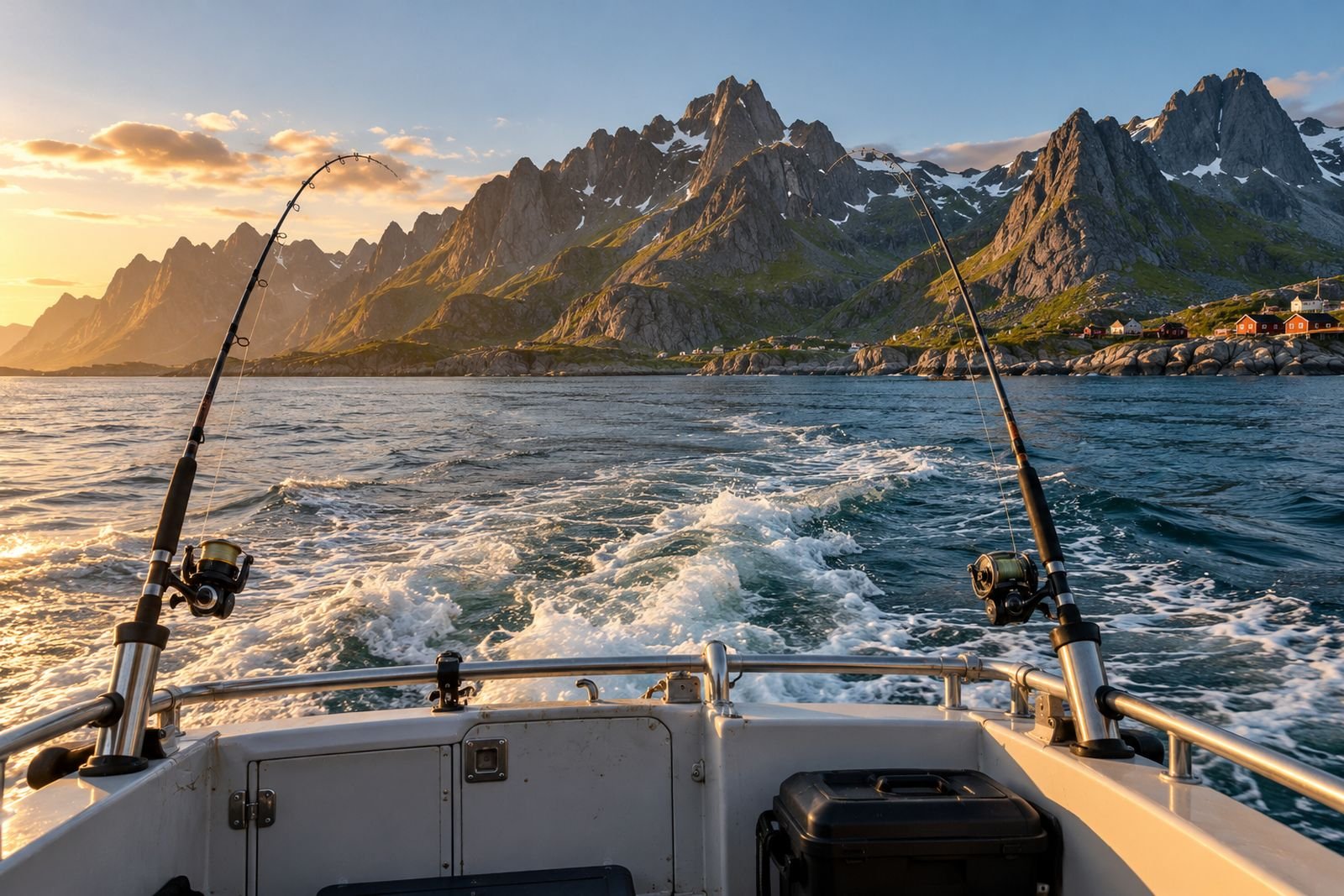 Zwei Angelruten im Rutenhalter am Heck eines Bootes, dahinter die Berge der Lofoten in der Abendsonne.