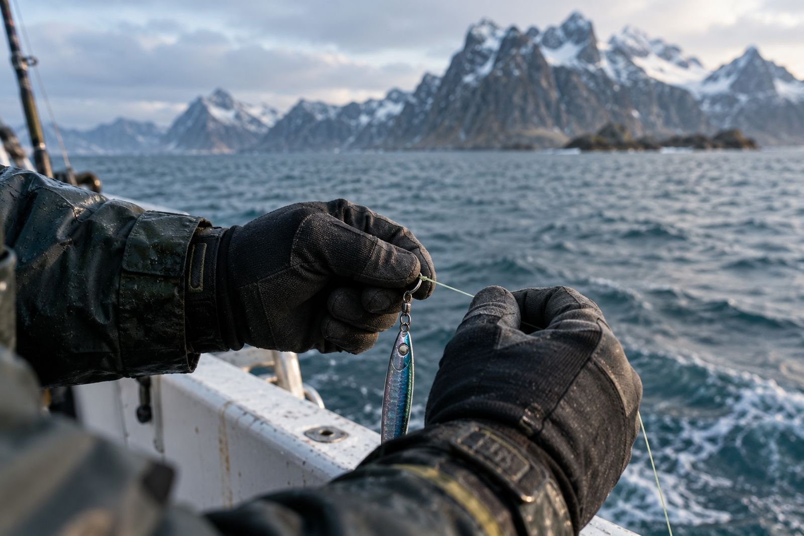 Hände in Angelhandschuhen binden einen Knoten in die geflochtene Schnur an einem Pilker, im Hintergrund das Meer.