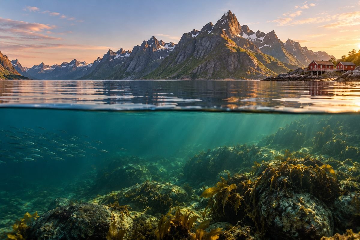 Ein Fjord auf den Lofoten in der Mitternachtssonne, halb über und halb unter der Wasserlinie fotografiert: oben spitze Berge und rote Fischerhütten, unten grünes Wasser mit Tang und Köhlern.