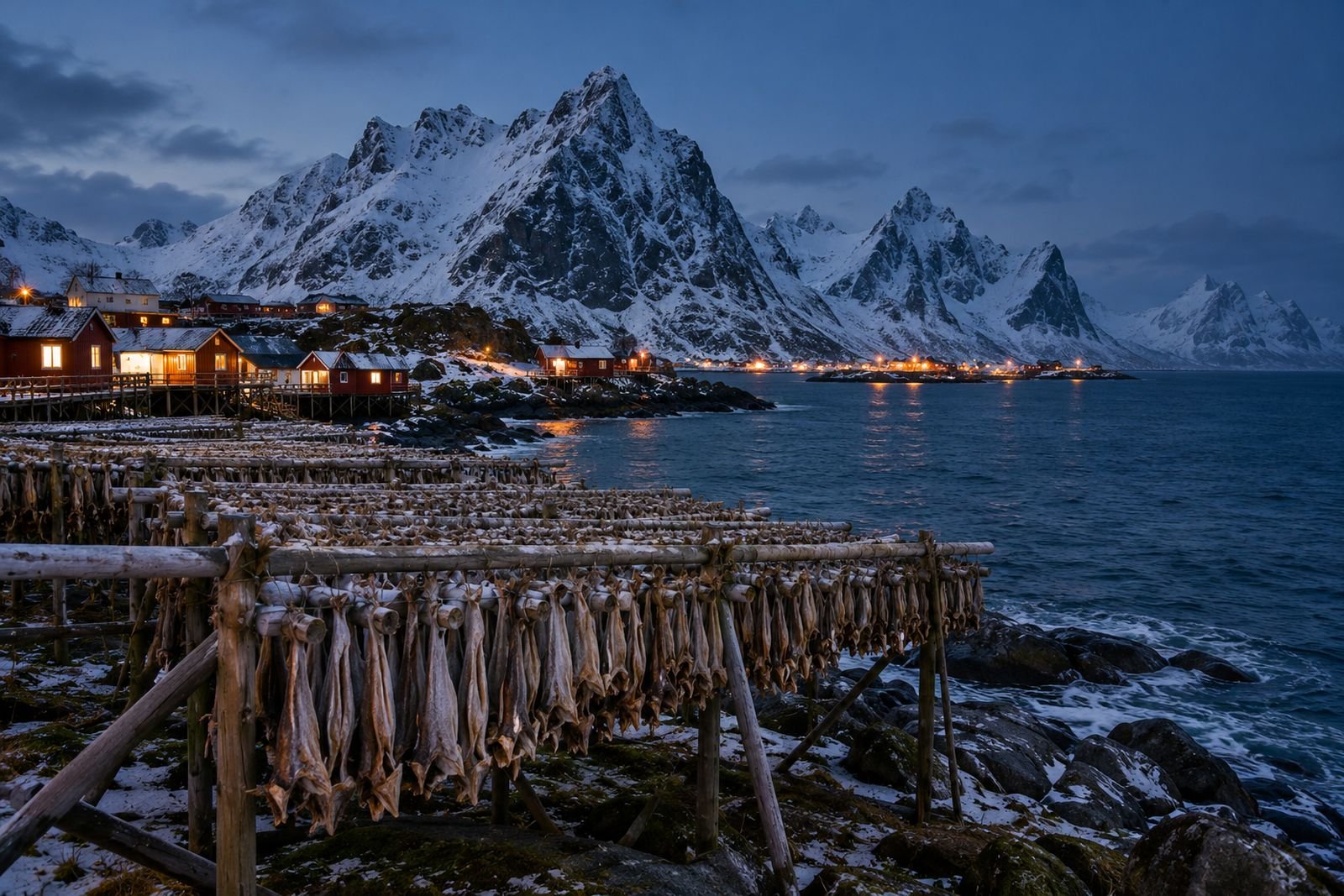 Holzgestelle voller trocknender Stockfische vor verschneiten Bergen in einem Fischerdorf auf den Lofoten zur blauen Stunde.