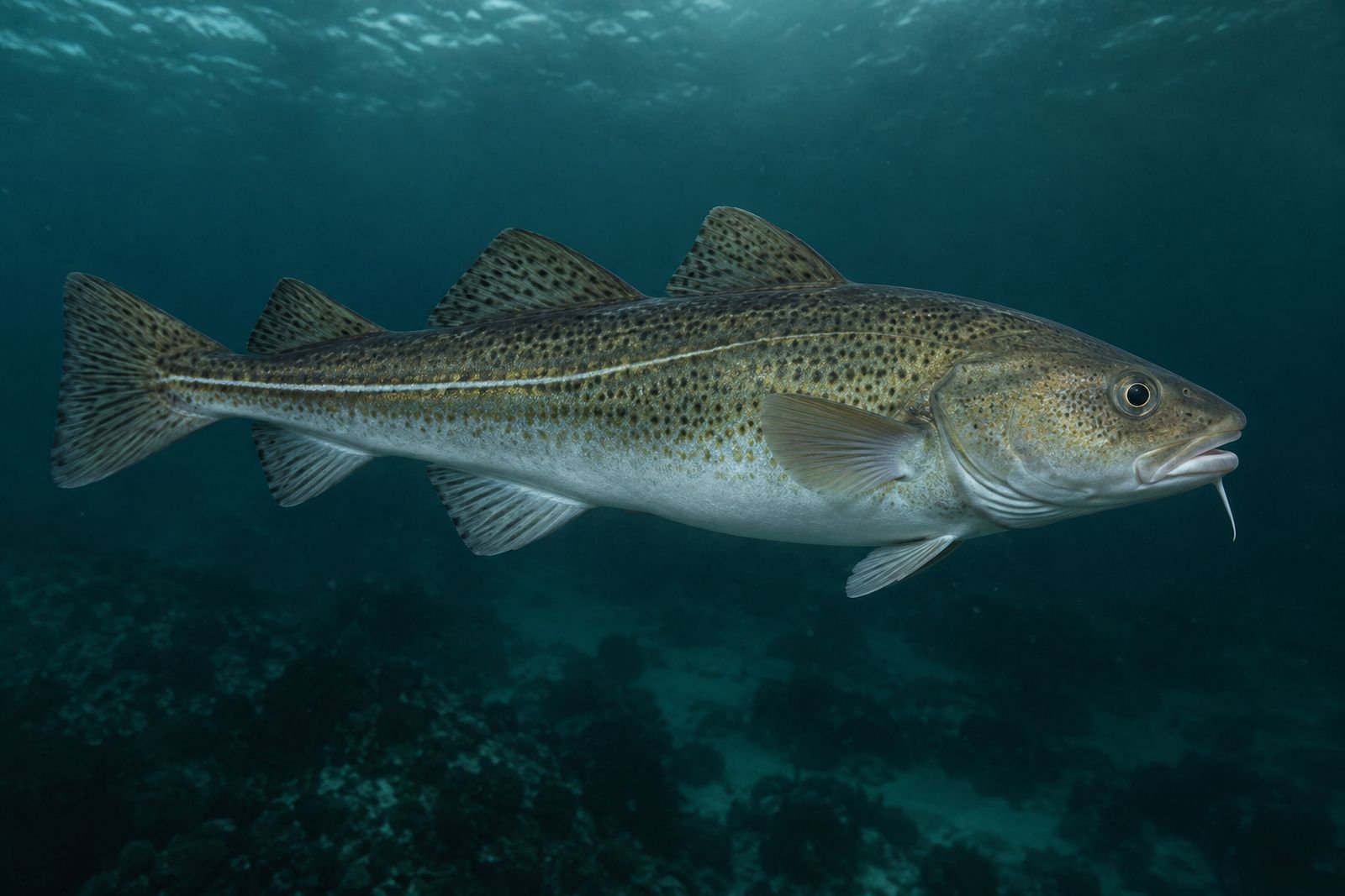 Ein Skrei, ein laichreifer Kabeljau, schwimmt im dunklen Wasser des Vestfjords.
