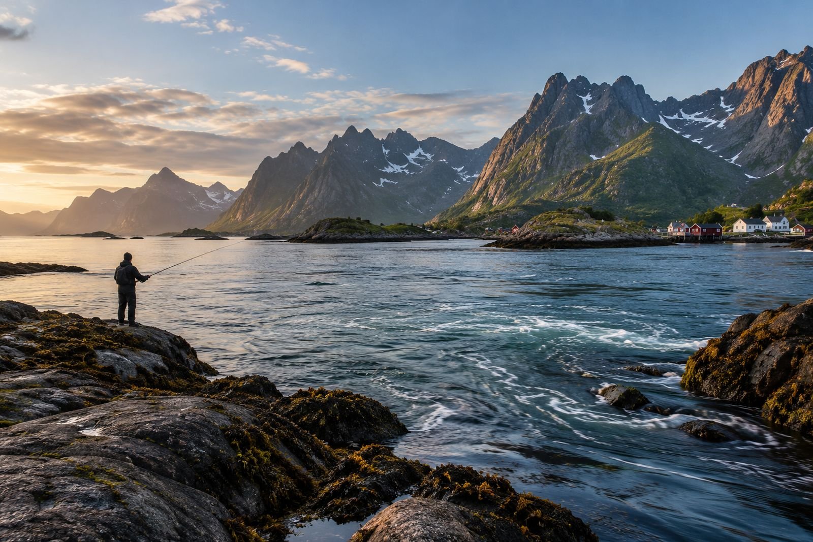 Ein Angler steht auf dunklen Felsen an einer Strömung auf den Lofoten und wirft eine Spinnrute aus.